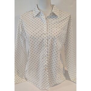 J Jill Top Womens PS Ivory Black Polka Dot Button Up Stretch Cotton Classic